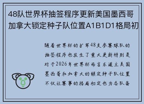 48队世界杯抽签程序更新美国墨西哥加拿大锁定种子队位置A1B1D1格局初定