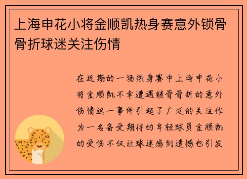 上海申花小将金顺凯热身赛意外锁骨骨折球迷关注伤情